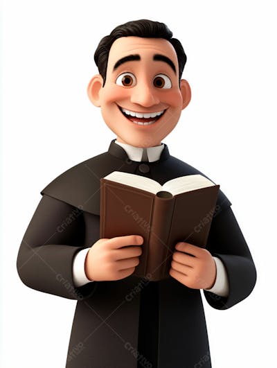 Jovem Padre Católico 3D Feliz Segurando Uma Bíblia