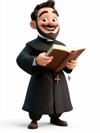 Jovem Padre Católico 3D Feliz Segurando Uma Bíblia