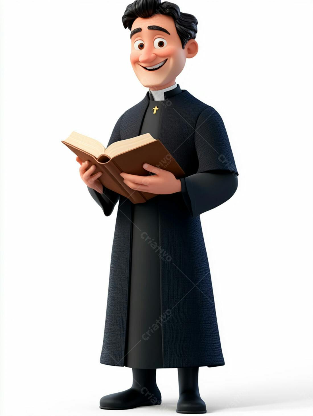 Padre sorridente lendo livro religioso