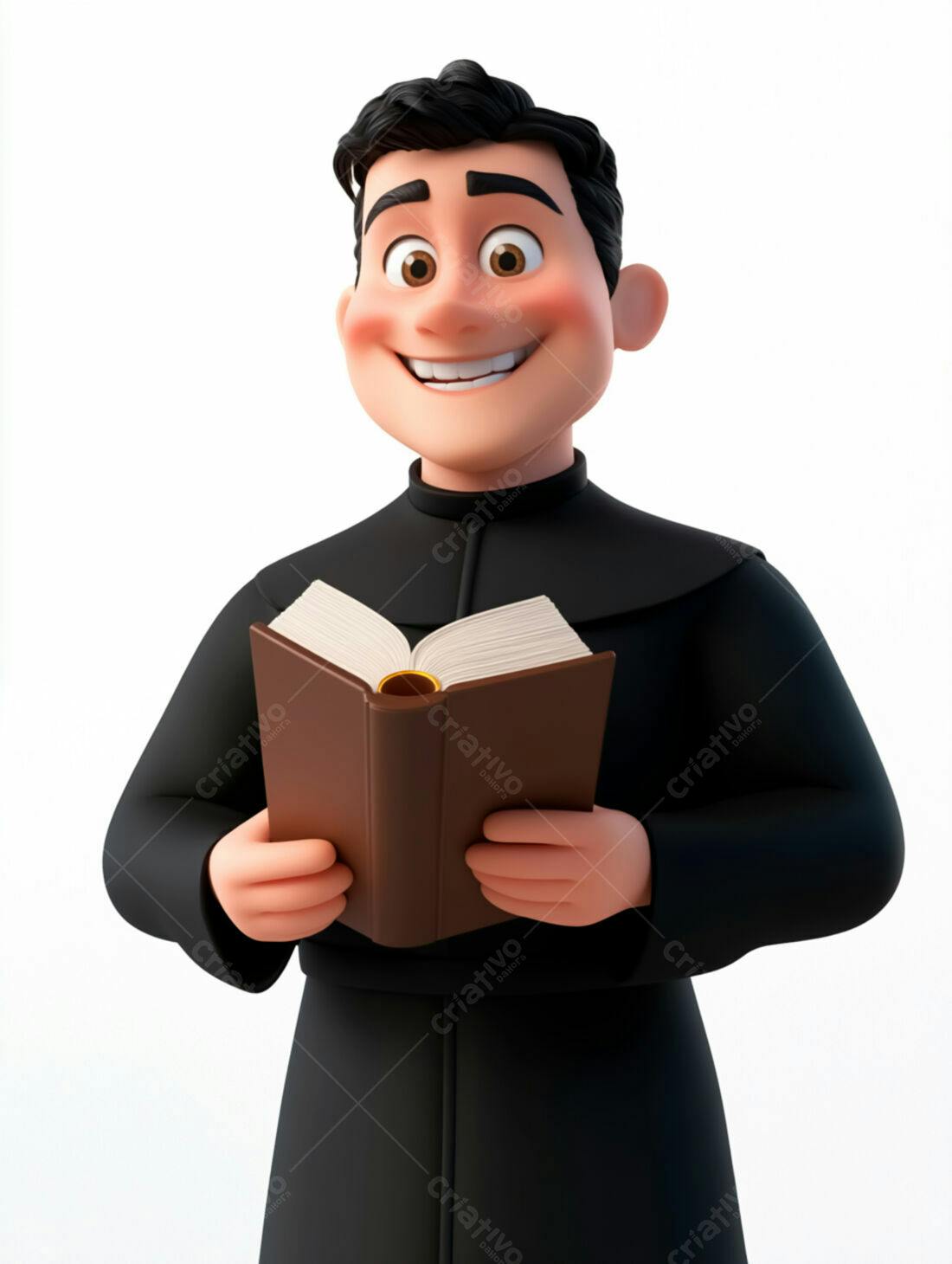 Padre sorridente lendo livro religioso
