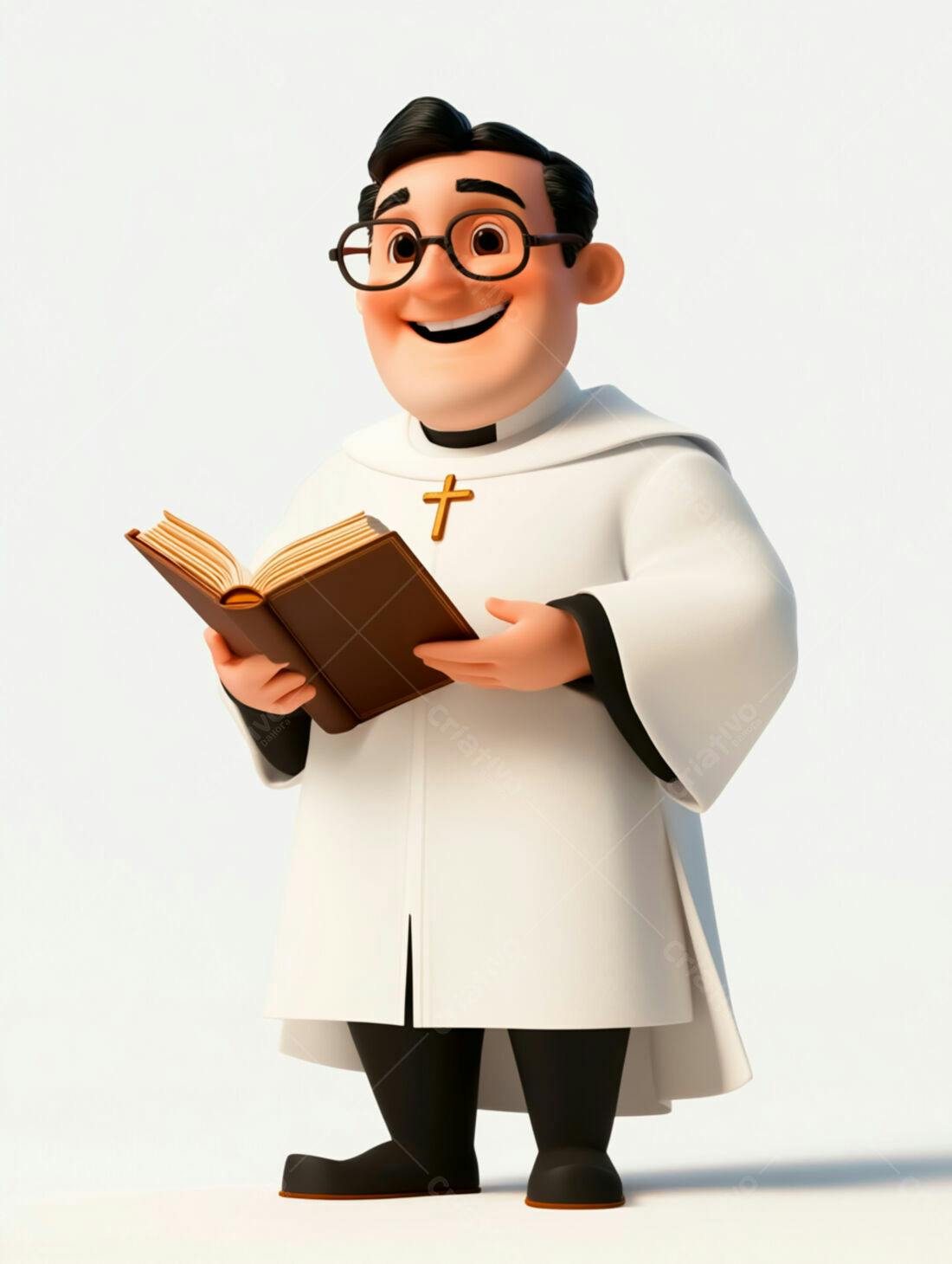 Padre sorridente segurando livro religioso