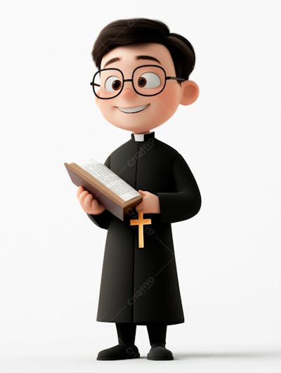 Jovem Padre Católico 3D Feliz Segurando Uma Bíblia
