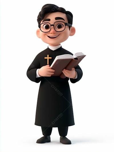 Jovem Padre Católico 3D Feliz Segurando Uma Bíblia