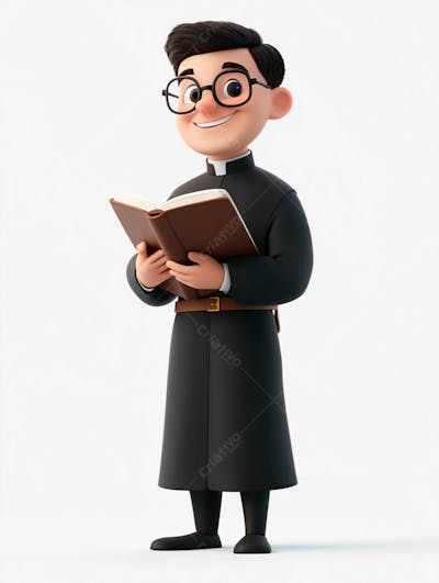 Jovem Padre Católico 3D Feliz Segurando Uma Bíblia