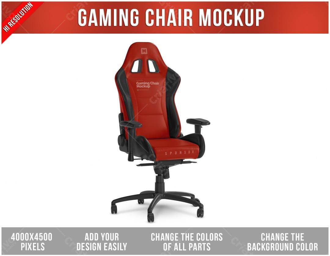 Mockup Cadeira Gamer Vermelha e Preta - Design Realista