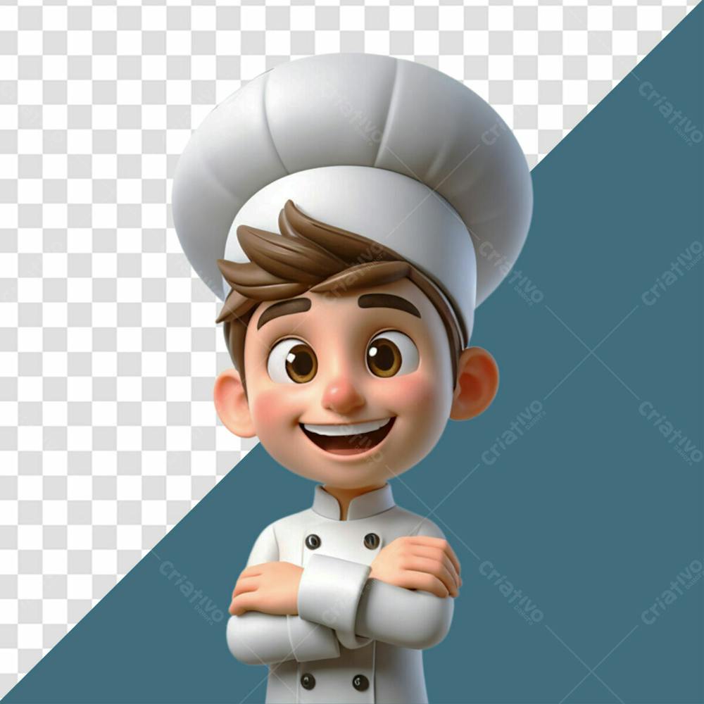 Personagem 3D Homem Chef Feliz Sorrindo De Braços Cruzados