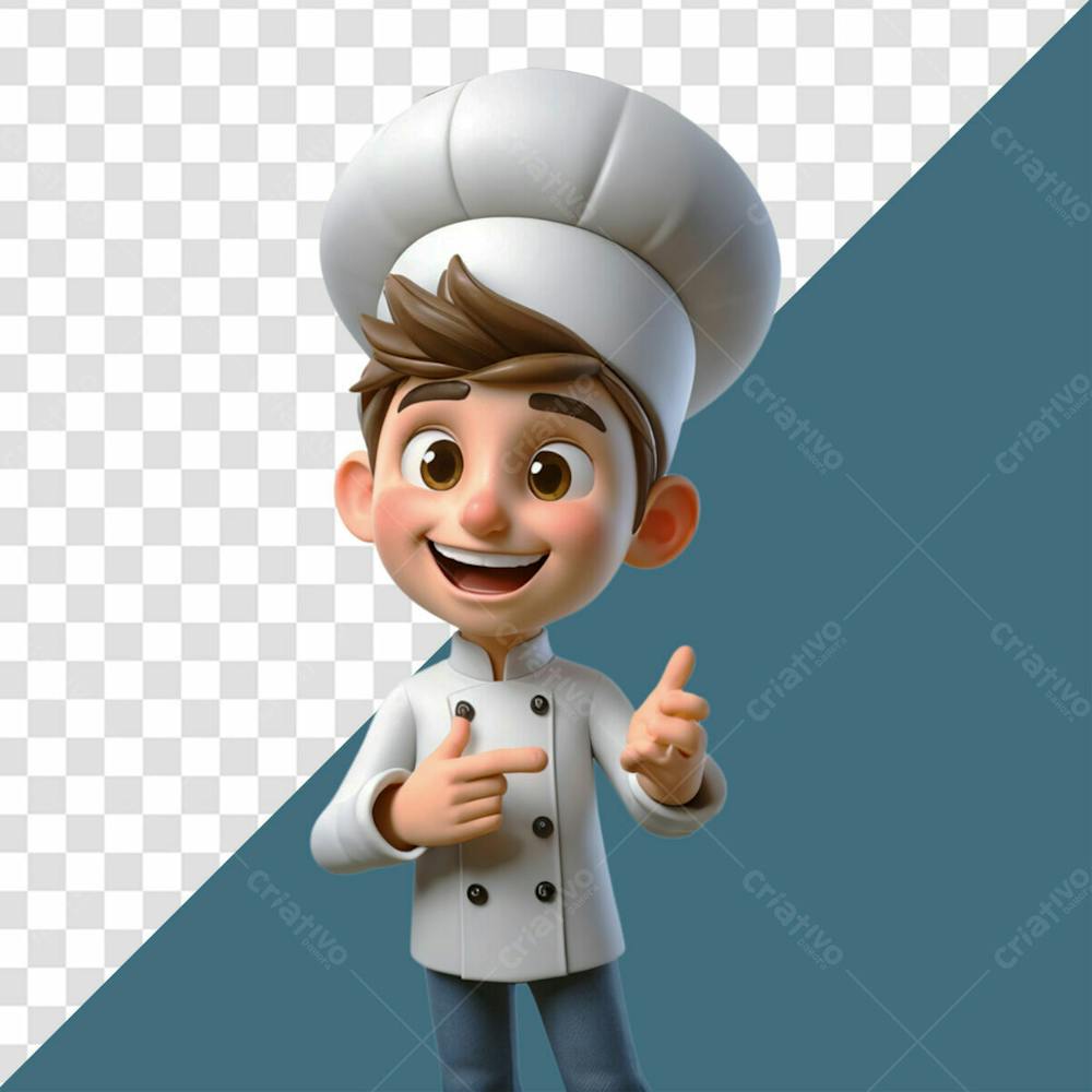 Personagem 3D Homem Chef Feliz Sorrindo Enquanto Faz Gesto Com A Mão