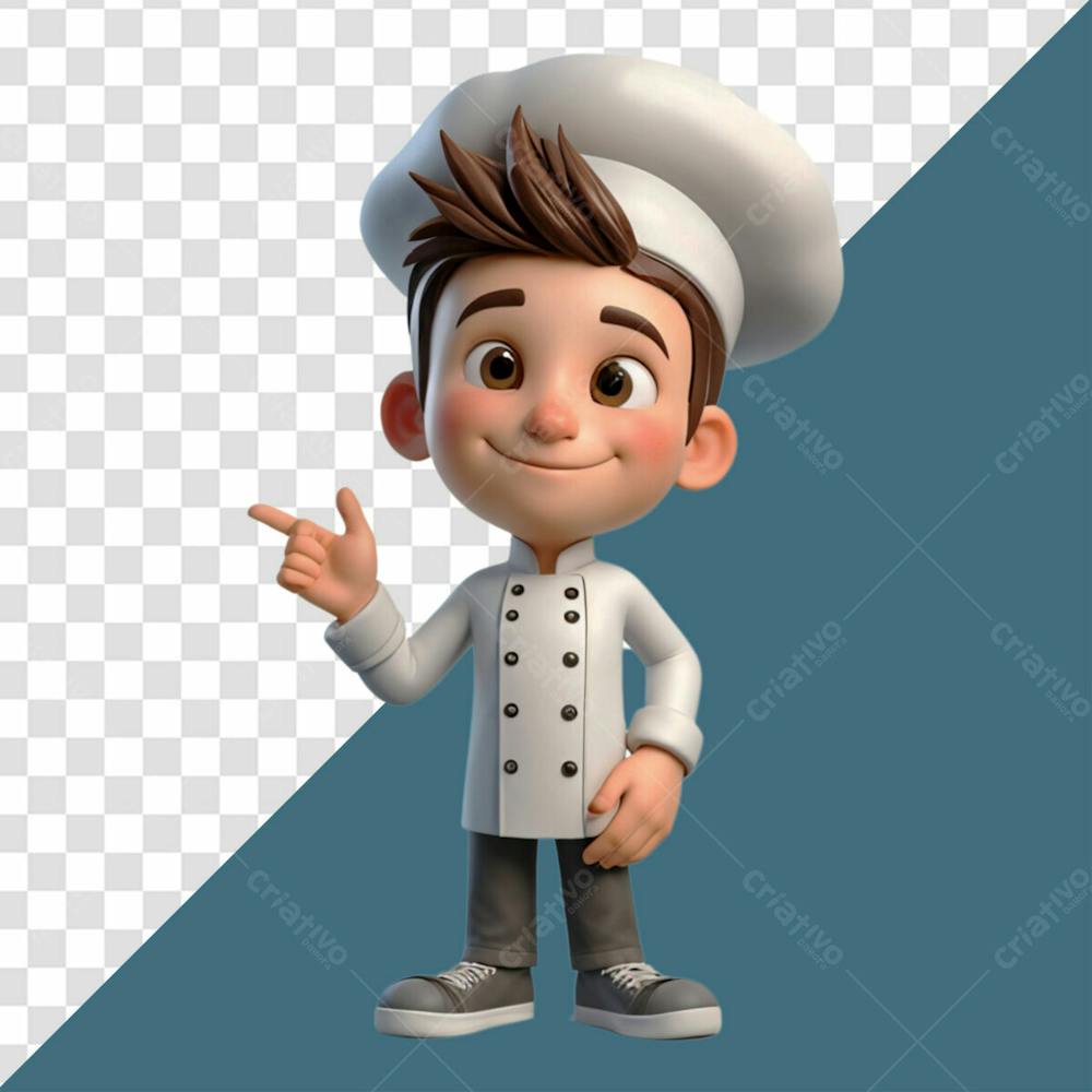 Personagem 3D Homem Chef Feliz Sorrindo Enquanto Faz Gesto Com A Mão