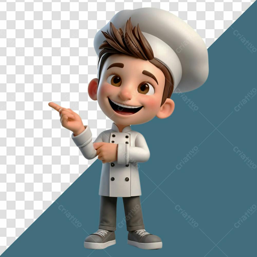 Personagem 3D Homem Chef Feliz Sorrindo Enquanto Faz Gesto Com A Mão