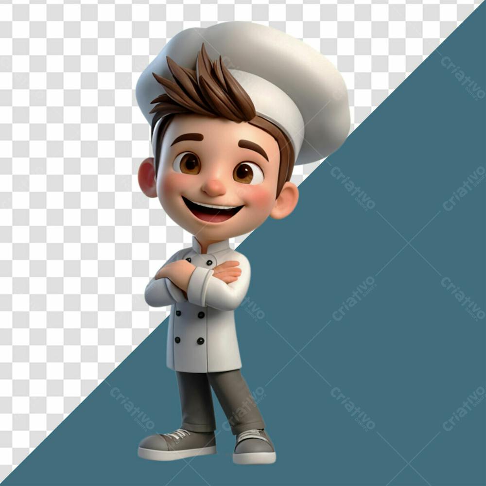 Personagem 3D Homem Chef Feliz Sorrindo Enquanto Faz Gesto Com A Mão