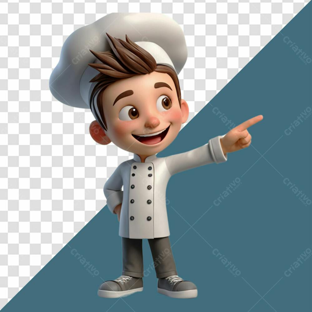 Personagem 3D Homem Chef Feliz Sorrindo Enquanto Faz Gesto Com A Mão