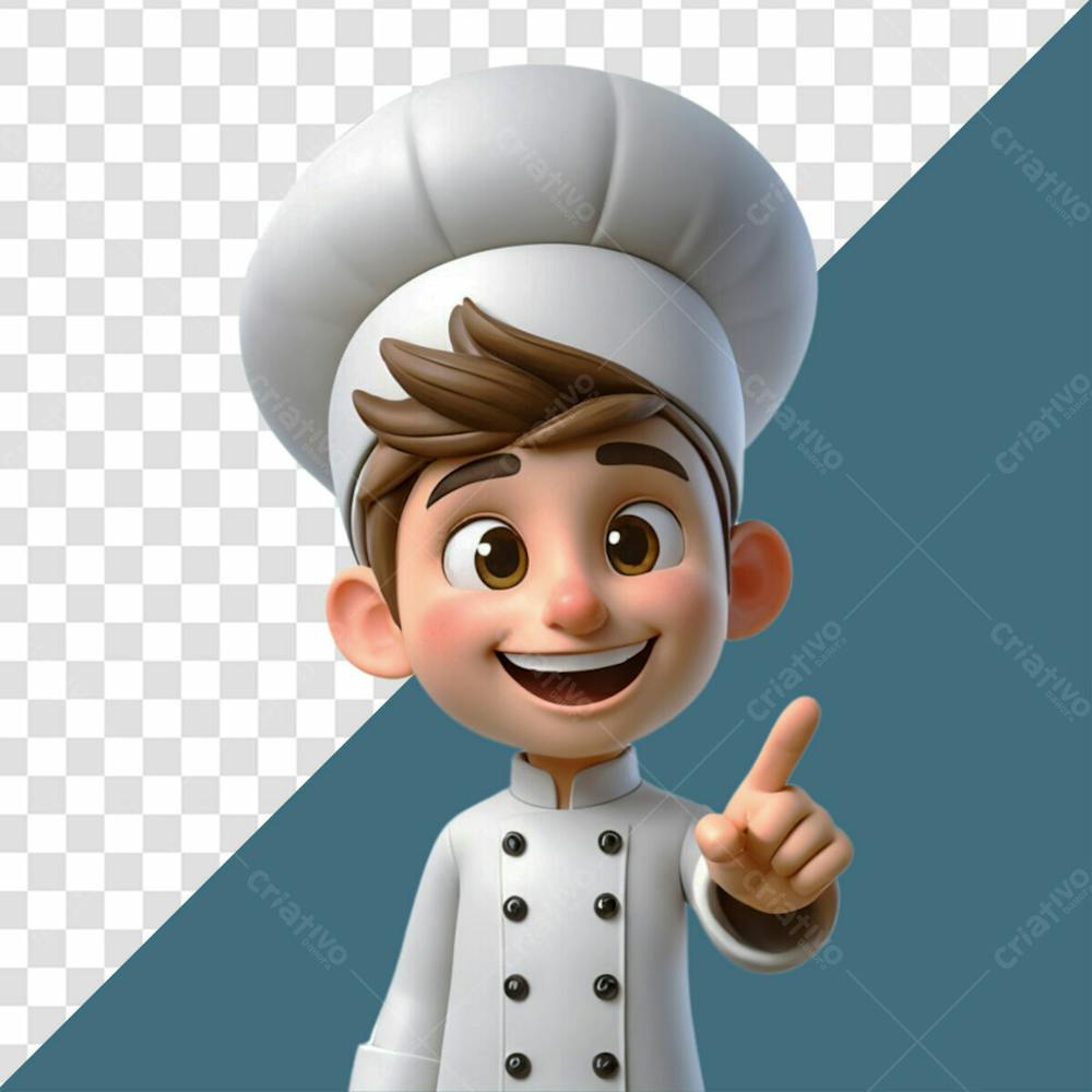 Personagem 3D Homem Chef Feliz Sorrindo Enquanto Faz Gesto Com A Mão