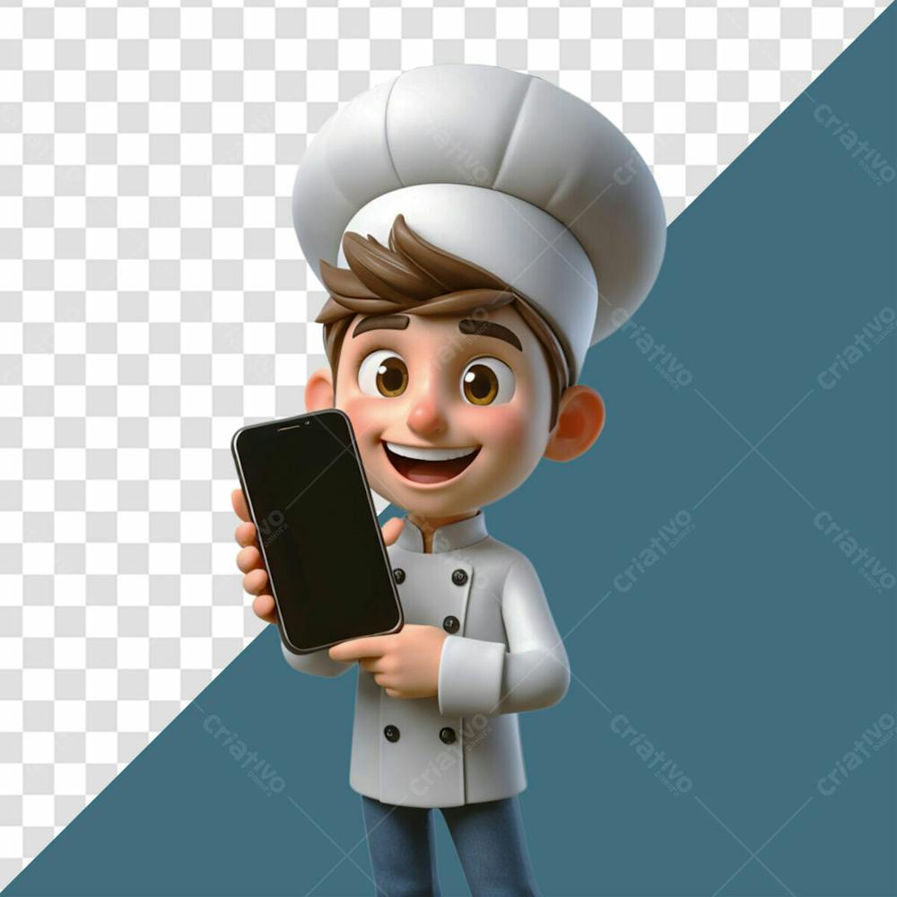 Personagem 3D Homem Chef Feliz Sorrindo Enquanto Mostra A Tela De Um Celular