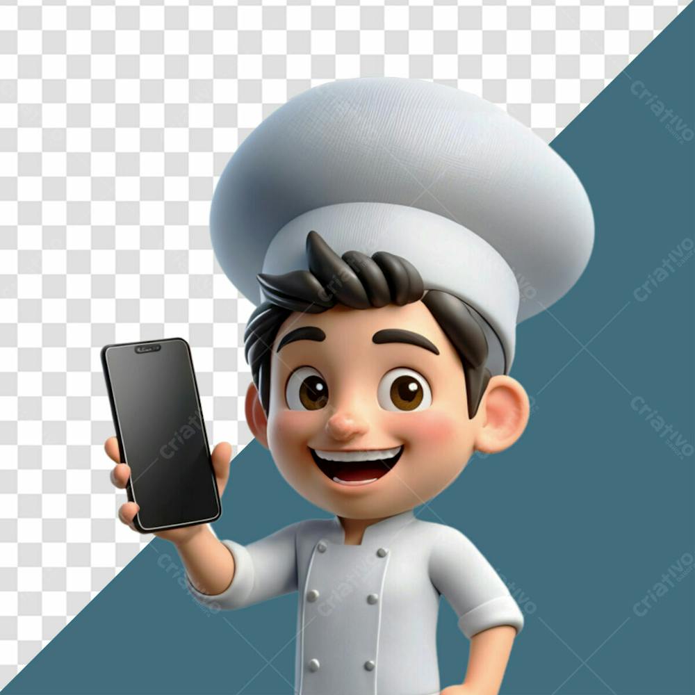 Personagem 3D Homem Chef Feliz Sorrindo Enquanto Mostra A Tela De Um Celular