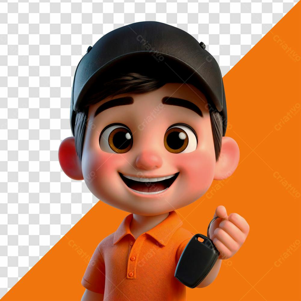 Personagem 3D Menino Sorridente Segurando Uma Chave De Carro Para Concessionaria