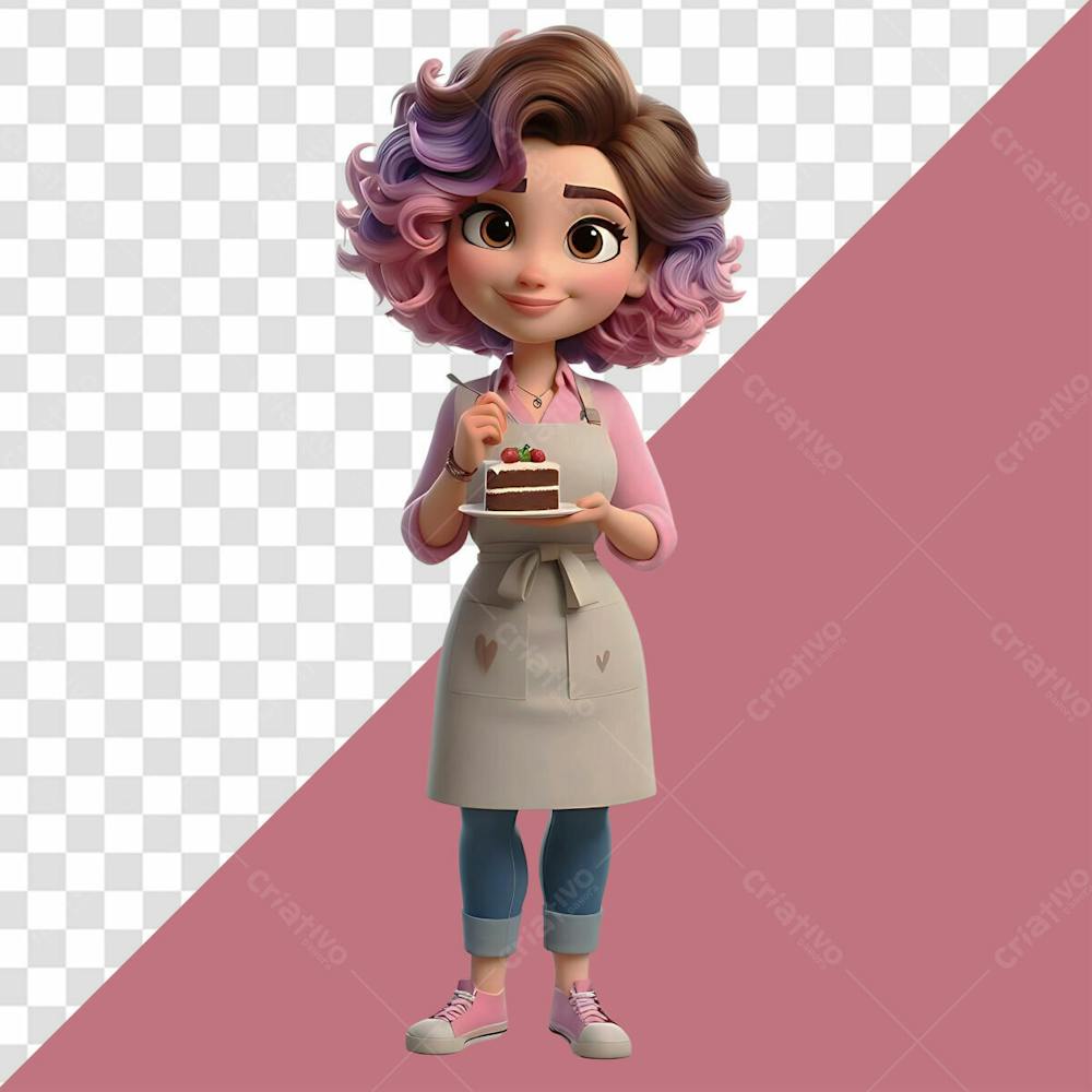 Personagem 3D Confeiteira Mulher Segurando Um Prato Com Uma Fatia De Bolo De Chocolate