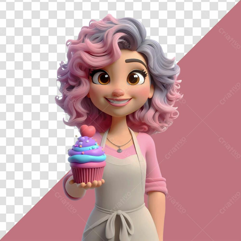 Personagem 3D Confeiteira Mulher Segurando Um Lindo Cupcake