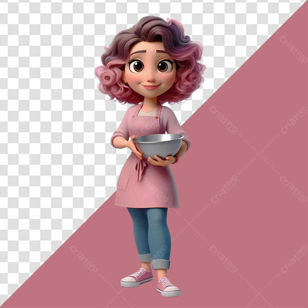 Personagem 3D Confeiteira Mulher Segurando Uma Tigela