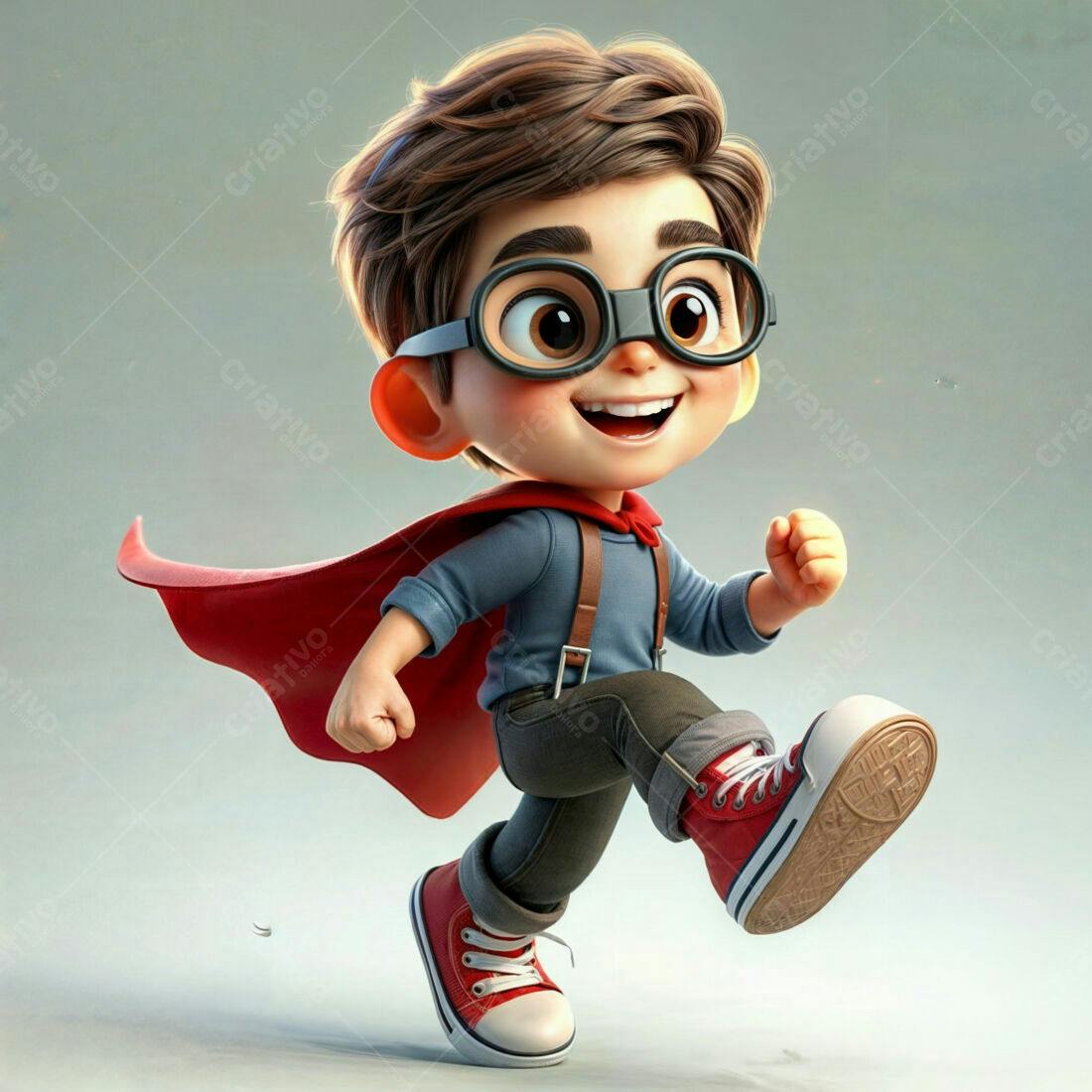 Menino super-herói correndo com capa vermelha