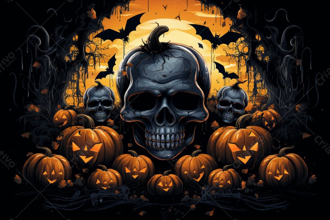 Caveira e Abóboras de Halloween