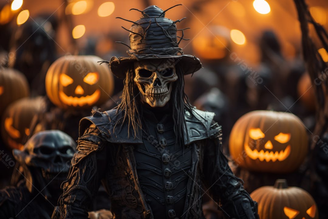 Fantasma Halloween com abóboras iluminadas