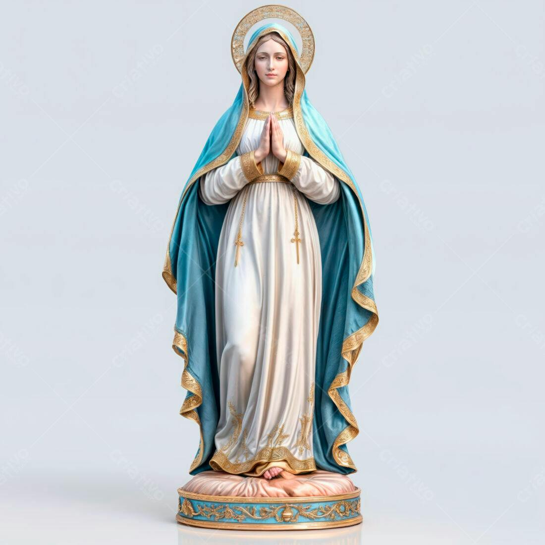 Estátua de Nossa Senhora em tons azuis e brancos
