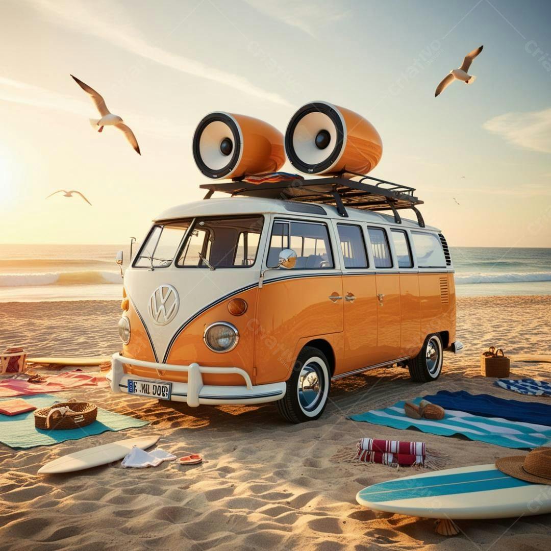 Kombi vintage na praia ao pôr do sol