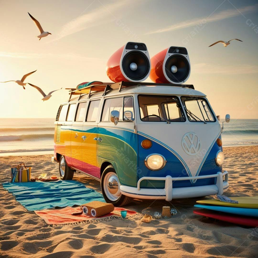 Kombi colorida na praia ao pôr do sol