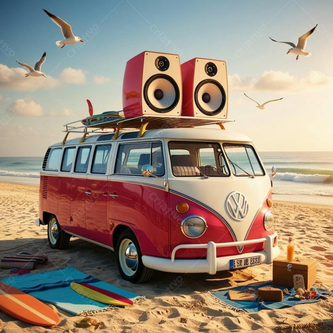 Kombi Vermelha na Praia com Caixas de Som