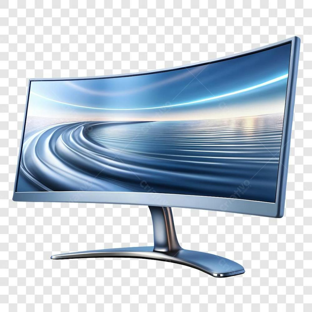 Monitor De Tela Curva Gamer Azul Metálico Elemento 3D PNG IA