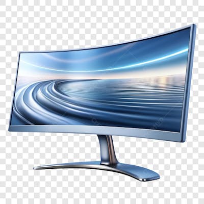 Monitor De Tela Curva Gamer Azul Metálico Elemento 3D PNG IA