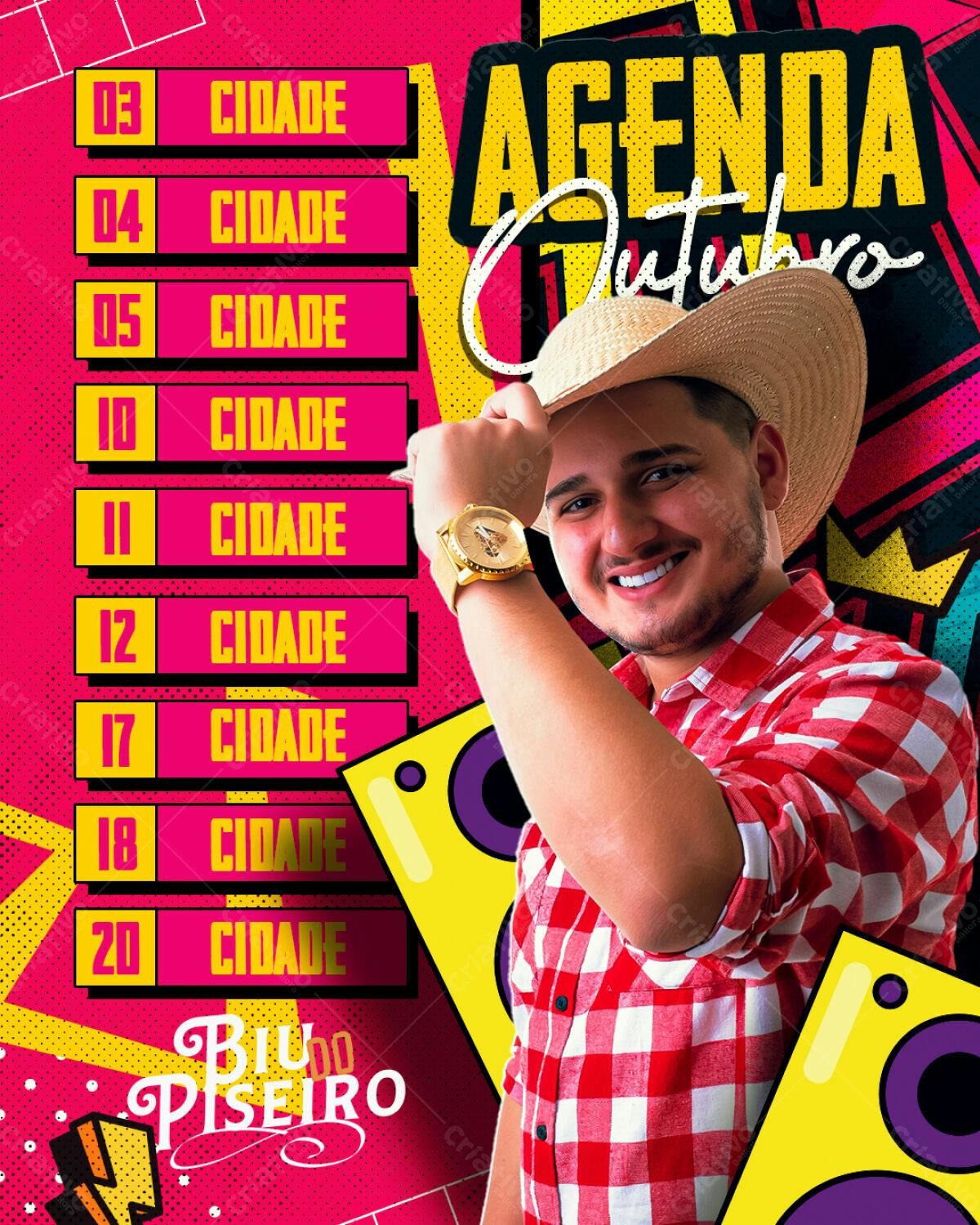 Flyer Agenda Outubro do Cantor Bilu Piseiro PSD Editável
