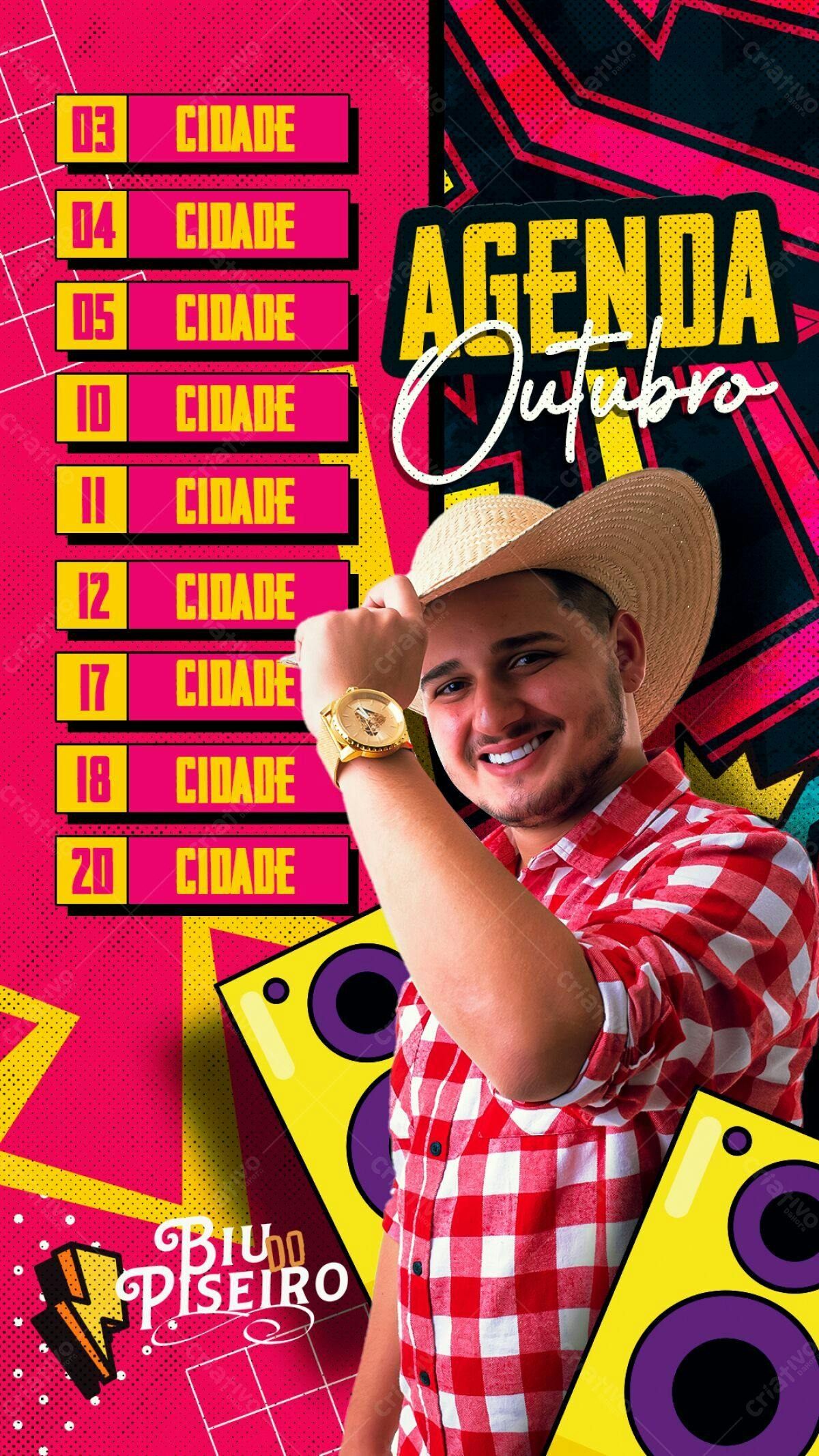 Flyer Agenda Outubro com Cantor de Música Sertaneja PSD Editável