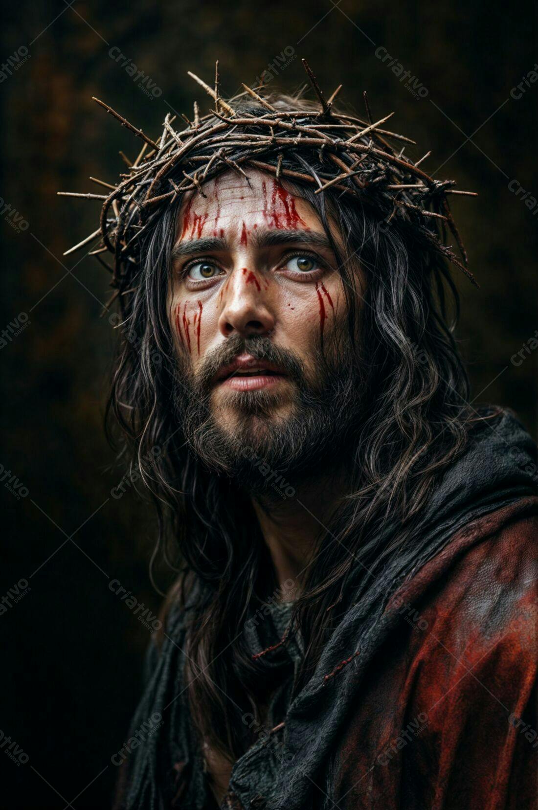 Jesus Cristo com coroa de espinhos e sangue