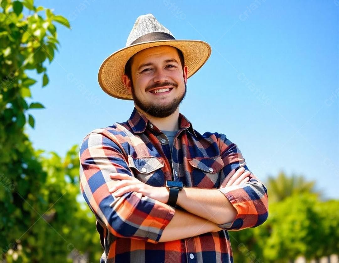 Fazendeiro sorridente em plantação ensolarada