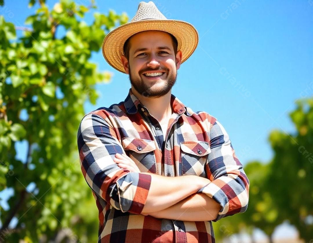 Homem sorridente em vinhedo usando chapéu de palha