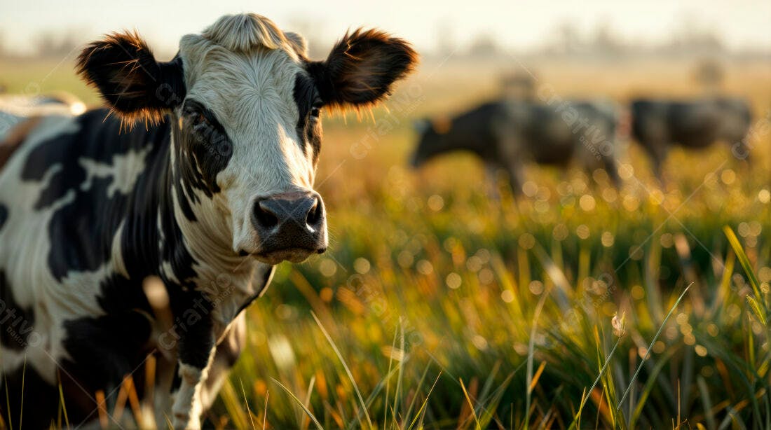 Vaca em pasto ao amanhecer