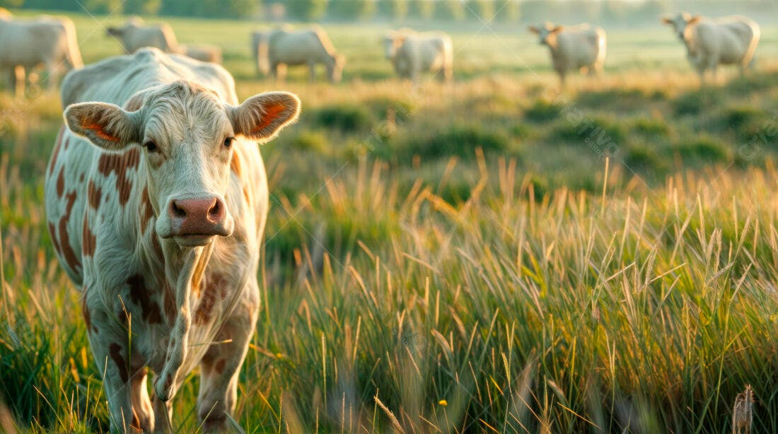 Vaca branca e marrom em pasto verde