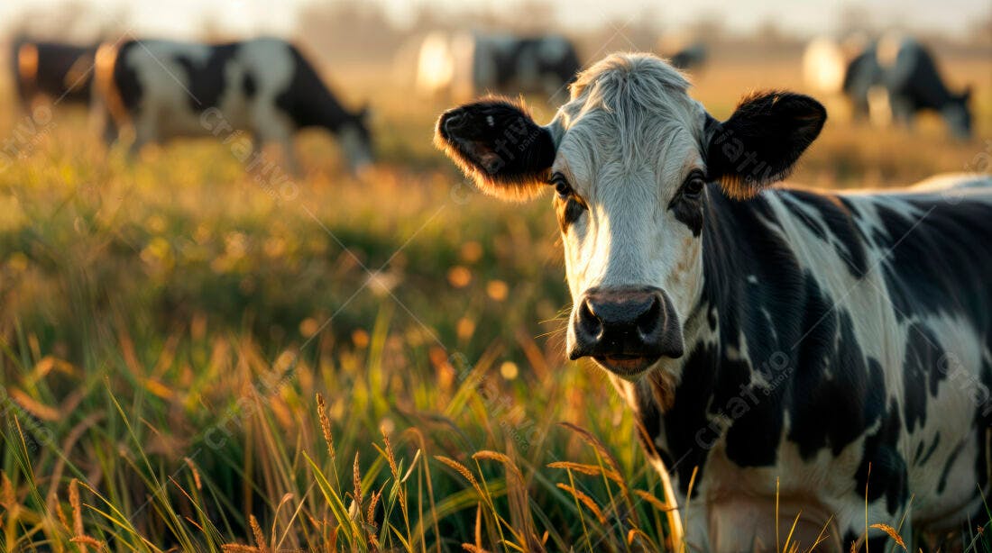 Vaca no pasto ao entardecer