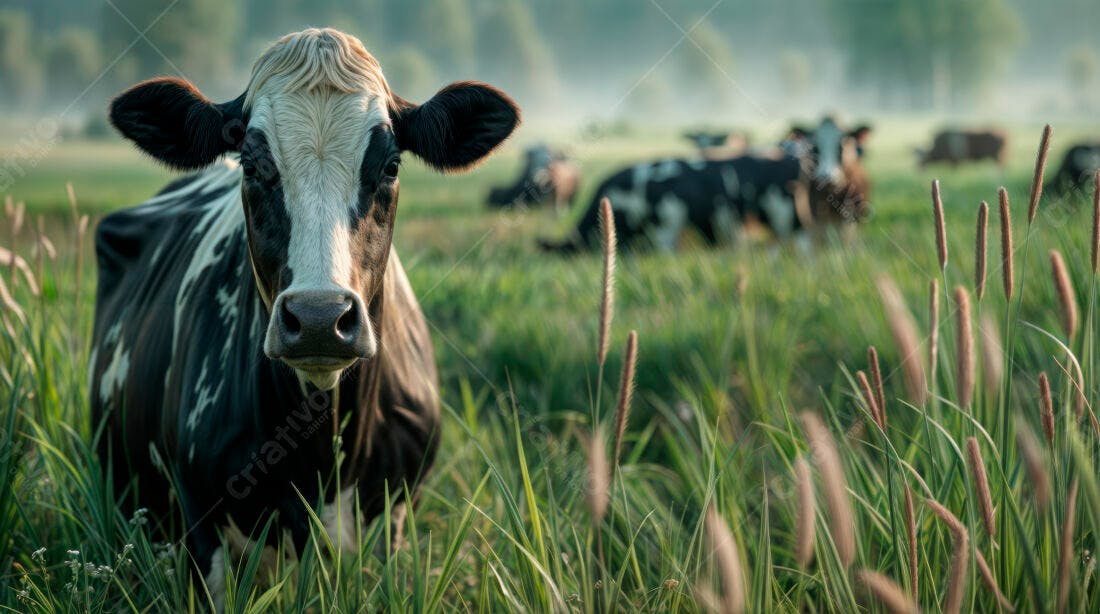 Vaca em pasto verde ao amanhecer