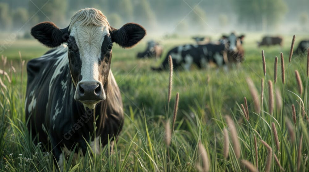 Imagem Realista De Vaca Girolando Leiteira Em Destaque Com Pasto Desfocado