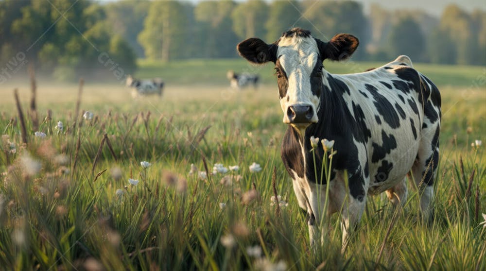 Imagem Realista De Vaca Girolando Leiteira Em Destaque Com Pasto Desfocado