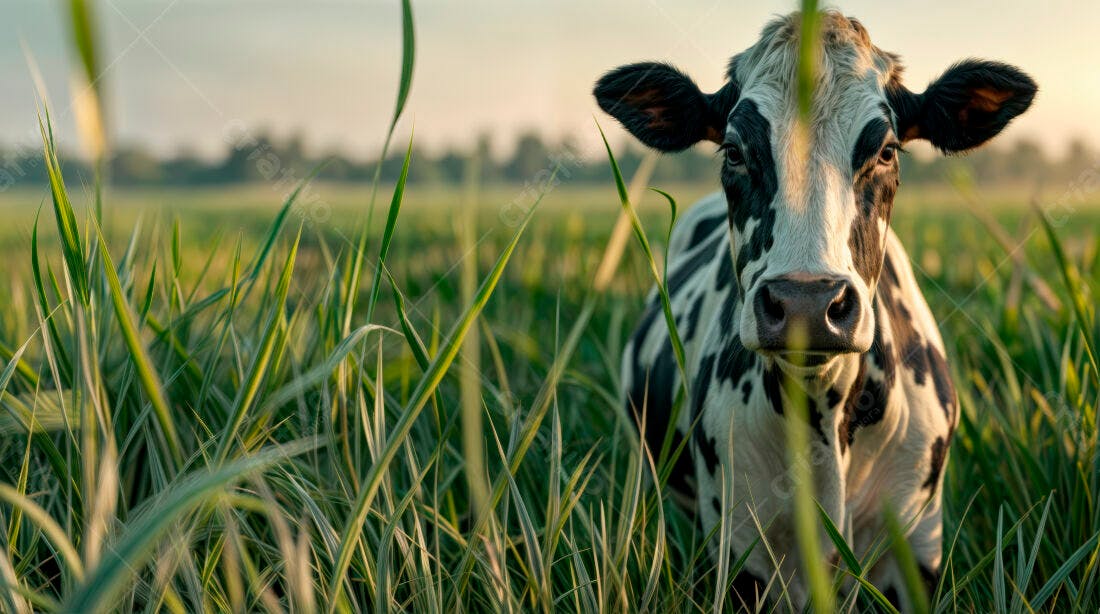 Vaca preta e branca em pasto verde