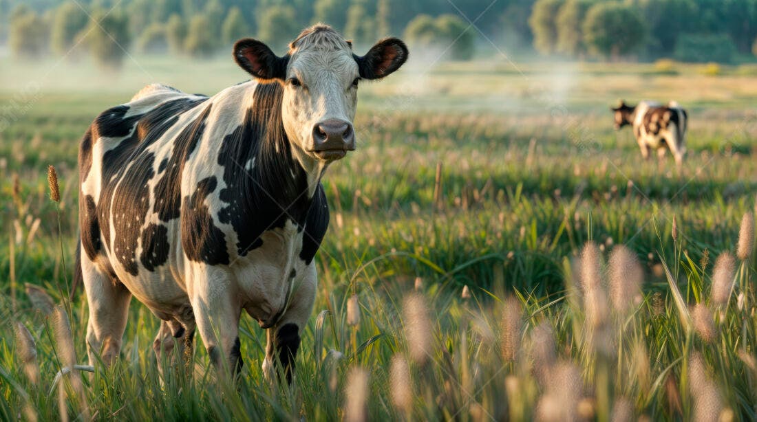 Vaca em pasto verde ao amanhecer