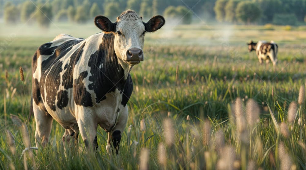 Imagem Realista De Vaca Girolando Leiteira Em Destaque Com Pasto Desfocado
