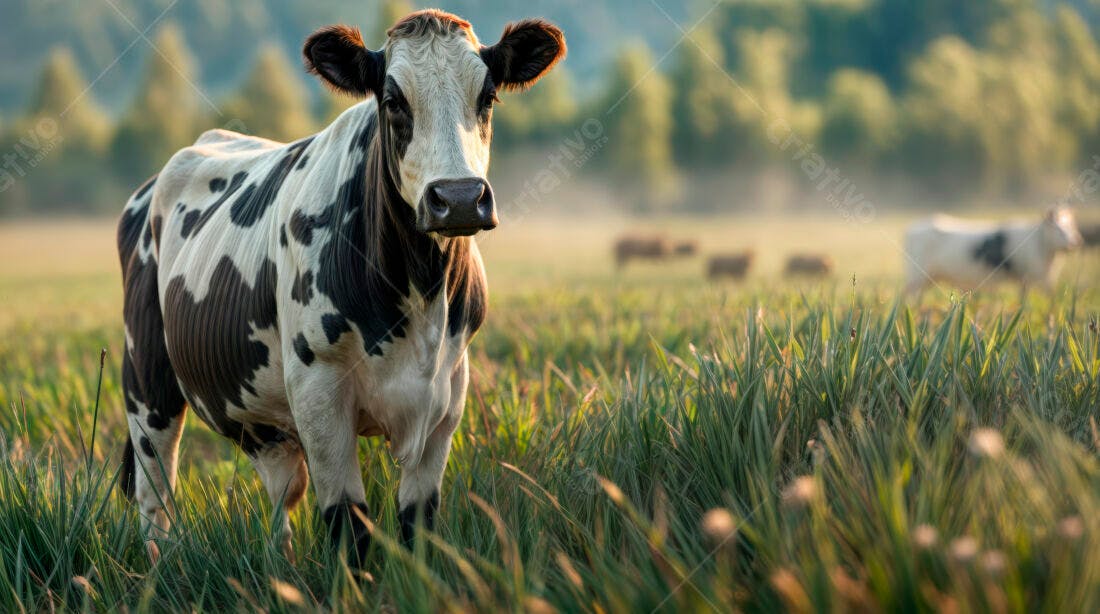 Vaca em pasto verde ao amanhecer