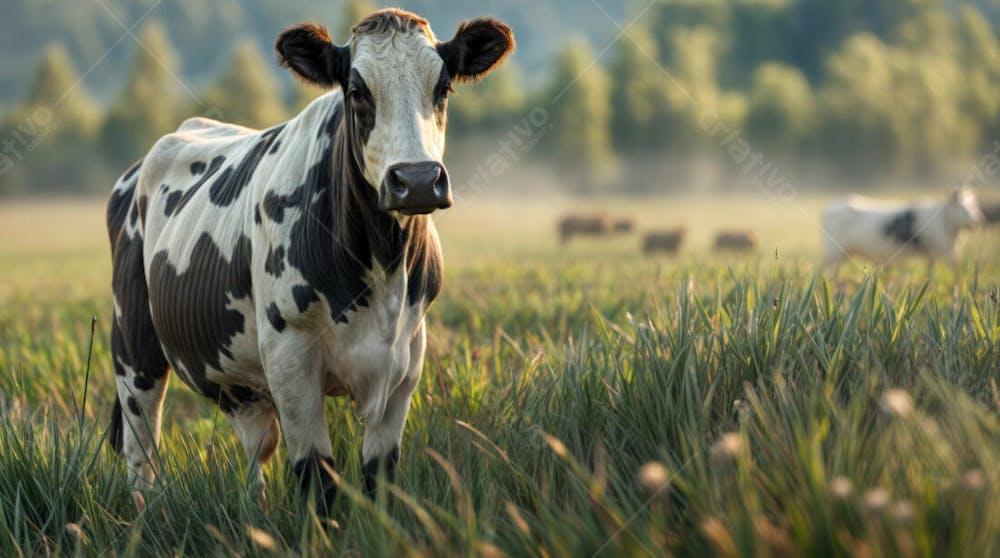 Imagem Realista De Vaca Girolando Leiteira Em Destaque Com Pasto Desfocado