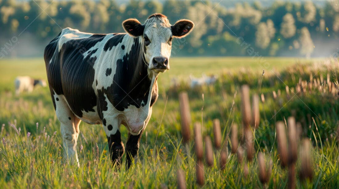 Vaca preta e branca em pasto verde