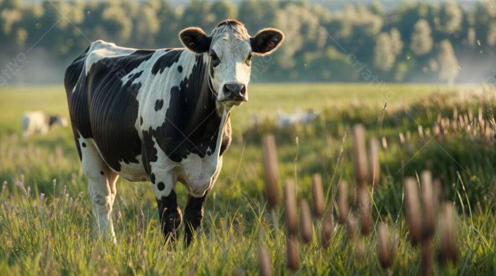 Imagem Realista De Vaca Girolando Leiteira Em Destaque Com Pasto Desfocado