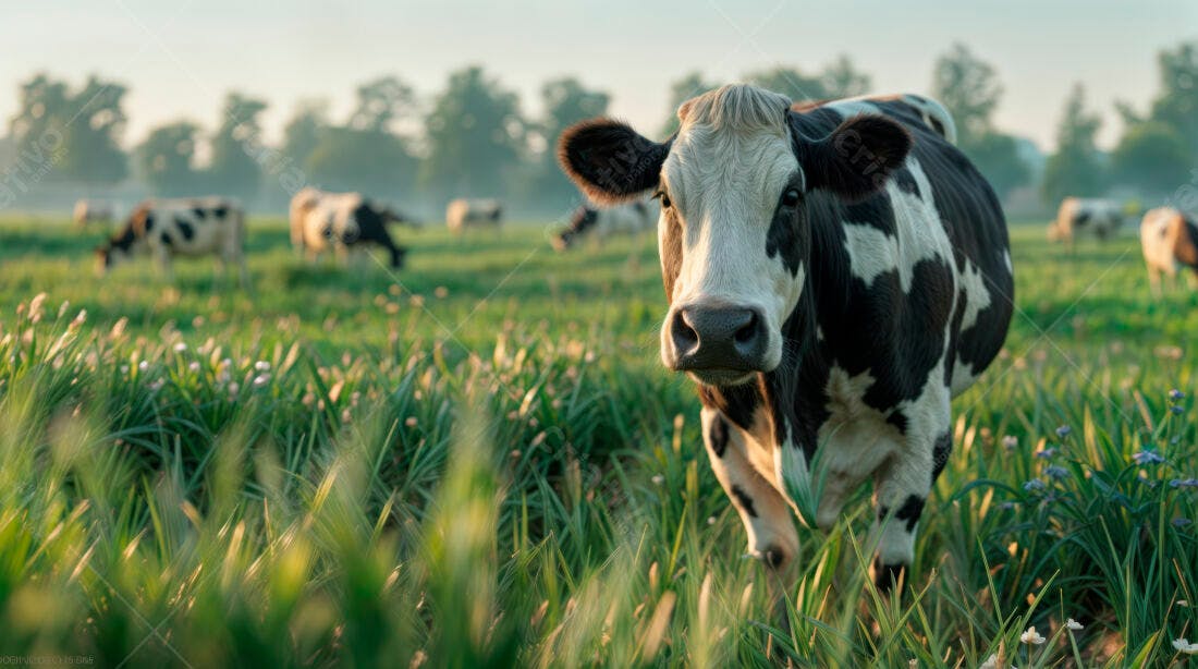 Vaca em pasto verde ao amanhecer
